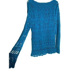 Focus‎ by Shani Blue Crochet Knit Long Sleeve Top Beach Cover Up Size M